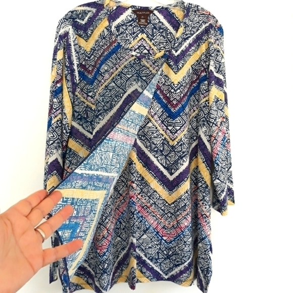 Multiples  Top 3/4 sleeve geometric pattern linen design multicolor top size L - Picture 1 of 14